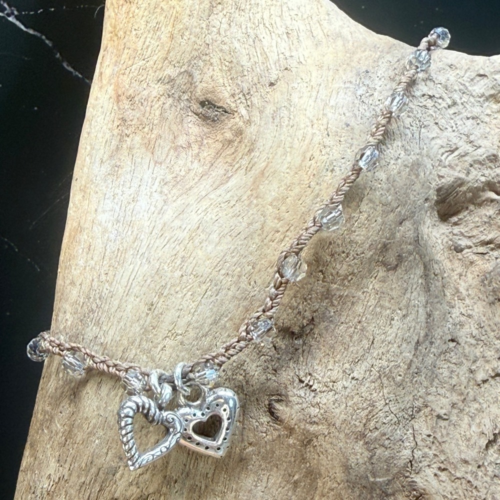 Brighton Karma Anklet Silver Tone Double Heart Braided Cord Crystal Bead Anklet
